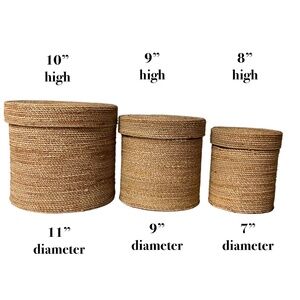 home decor 3 nesting baskets w/ lids containers jute 11" 9" 7" handmade organize